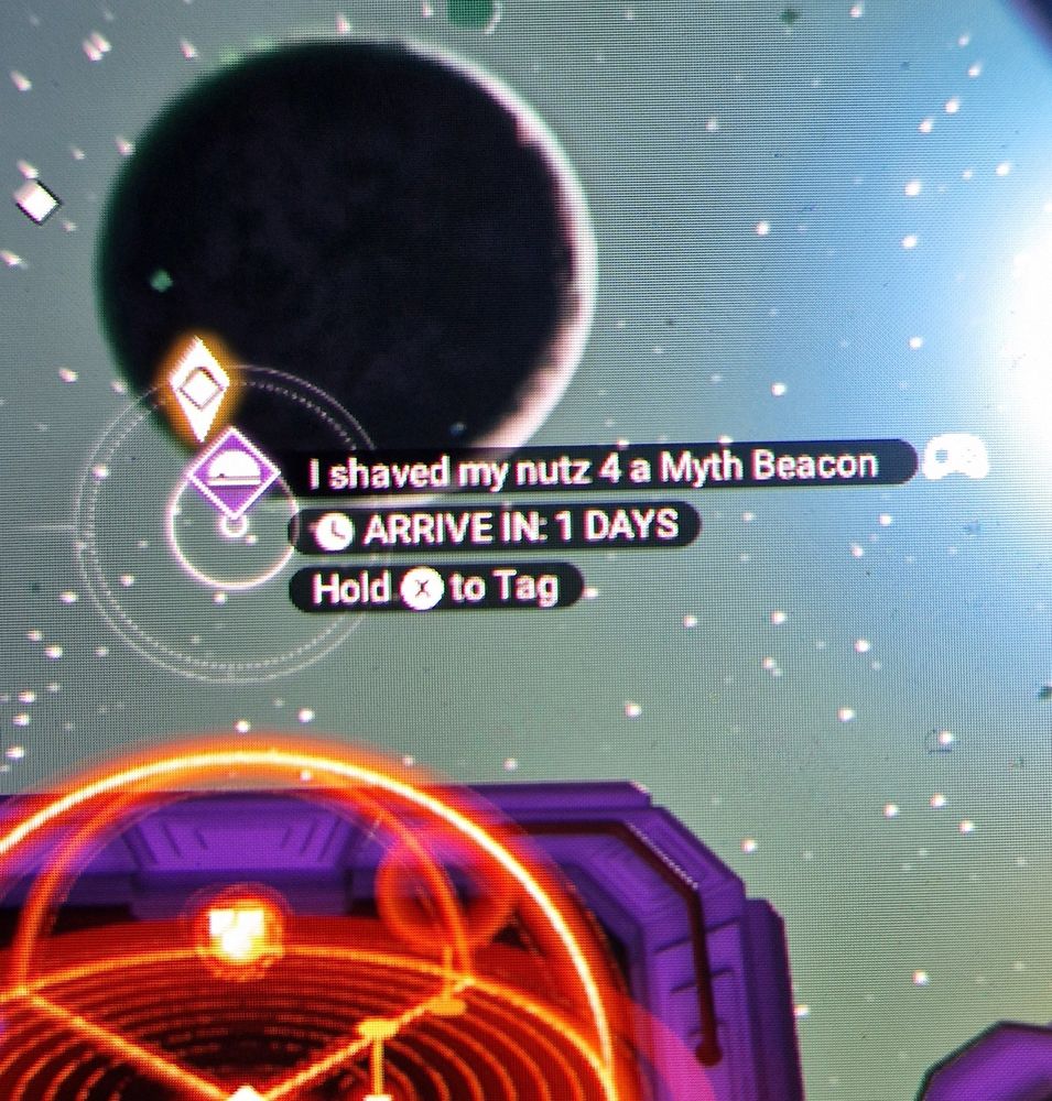 No Man's Sky, a glyph saying "i shaved my nutz 4 a Myth Beacon" indicating the location of another players base.