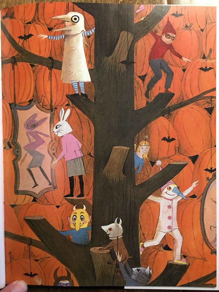 An illustration the above book. Children in various Halloween costumes climb up a tree that has had a tower of pumpkins built around it.