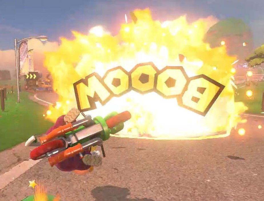 a screenshot of a bomb going off in mario kart world's mirror mode. the text says "MOOOB"