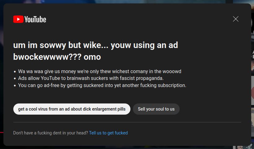 A locally edited Youtube adblocker nag featuring more naughty words and less corporate BS