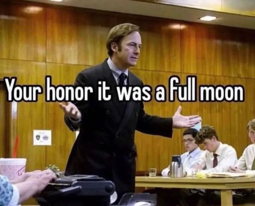 A still of the title character from the TV show Better Call Saul, in a court room exclaiming "Your honor, it was a full moon".
