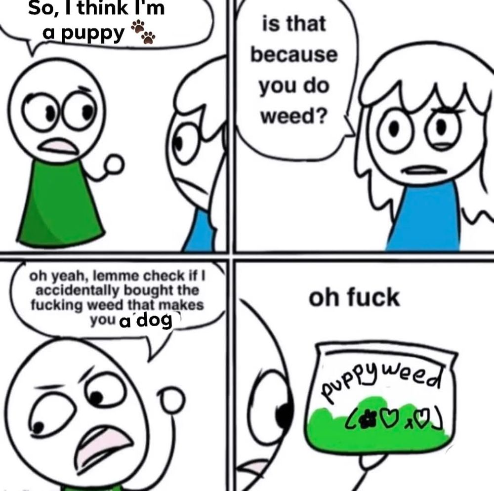 Four panel comic. First panel is someone in a green shirt saying "So, I think I'm a puppy". Second panel shows someone else in a blue shirt responding with "is that because you do weed?". Third panel shows the person in green saying"oh yeah, lemme check if I accidentally bought the weed that makes you a dog". Fourth panel shows the person in green holding up the bag of weed that clearly says "puppy weed" to which they exclaim"oh fuck.."