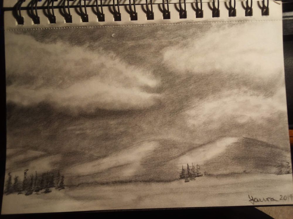 Small charcoal and pencil sketch I made of the hills near the Snake River in Hell's Canyon, Oregon.  There's stormy clouds over the hills with a few scattered pine trees in the distance.