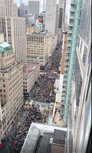 Protest on April 5 in New York City shows massive protest filling streets for over a mile.