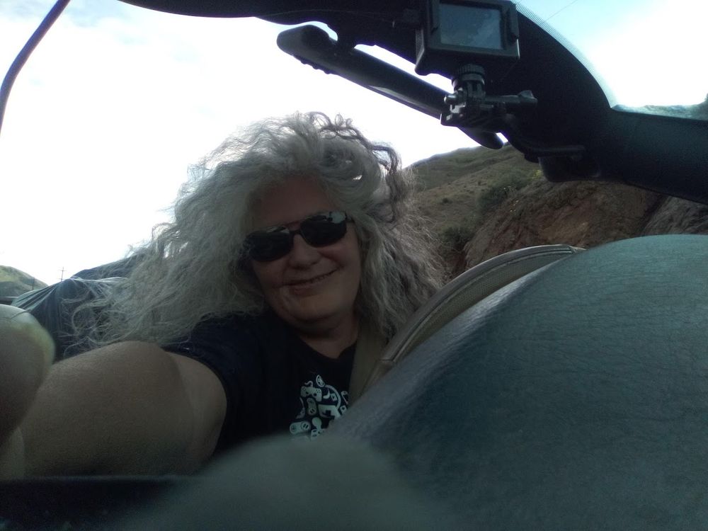 Picture of me with my crazy curly wild long very grey hair sitting in my 2002 convertible with the top down, the hills of eastern Oregon in the background