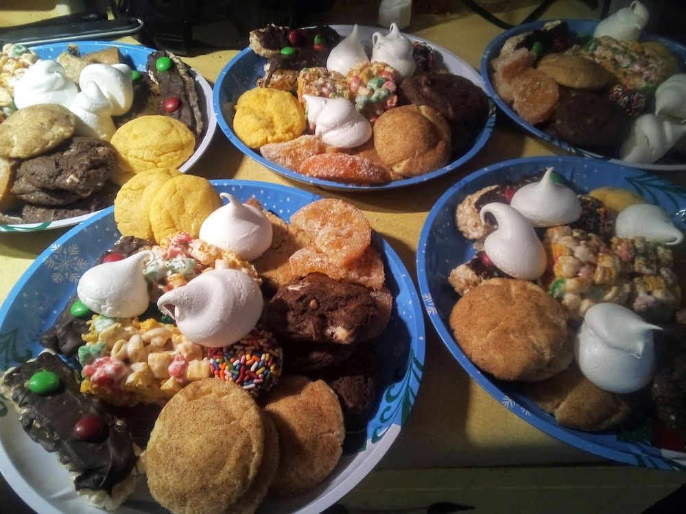 Several very colorful plates of cookies from one of my annual holiday #Bakemas cookie baking marathon.  Cookies and treats include snickerdoodles, chocolate chip, candied oranges, sugar cookies, meringues and more.