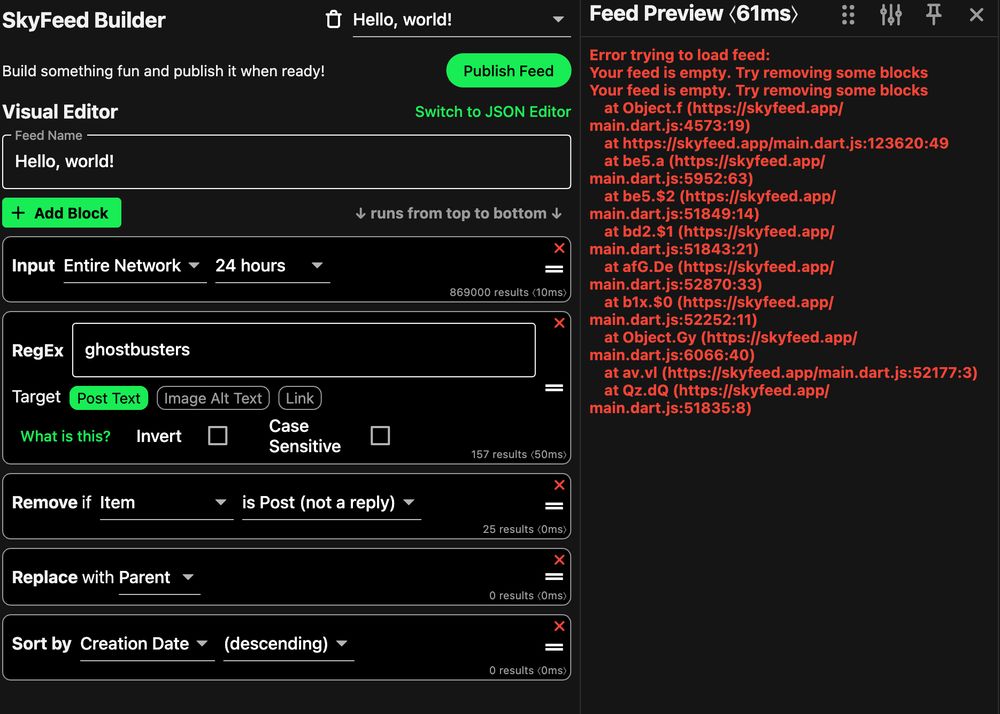 A test feed with a simple regex and a block to remove non-replies, and a "replace with parent" block. No results are shown