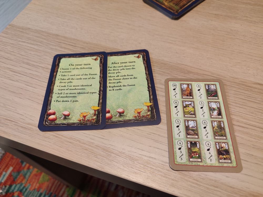 Cartas de referencia que indican qué puedes hacer durante tu turno, qué debes hacer tras el turno y el valor de las distintas setas.