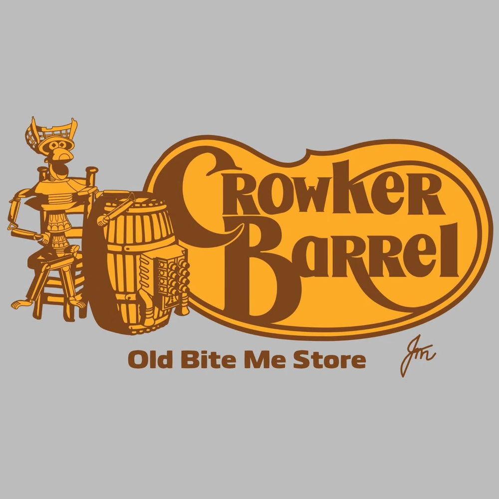 Cracker Barrel logo with Crow T Robot replacing man, modified barrel, name change to Crowker Barrel, and tagline Old Bite Me Store.