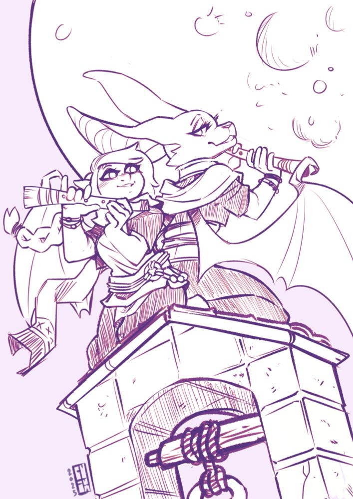 Two persons atop a bell tower, back to back playing flute, one is a halfling the other one is a humanoid bat. They share the same outfit implying they are the same person but with different appearence