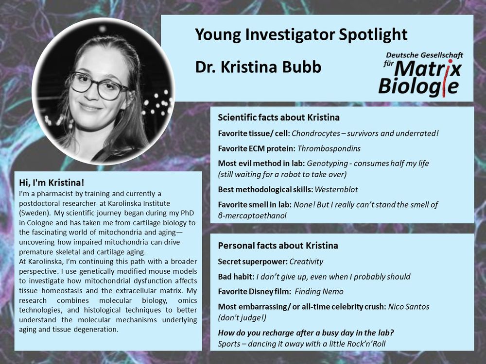 Young Investigator Spotlight of the German Society for Matrix Biology: Dr. Kristina Bubb. 
Hi, I'm Kristina! I'm a pharmacist by training and currently a postdoctoral researcher at Karolinska Institute (Sweden). My scientific journey began during my PhD in Cologne and has taken me from cartilage biology to the fascinating world of mitochondria and aging—uncovering how impaired mitochondria can drive premature skeletal and cartilage aging.
At Karolinska, I’m continuing this path with a broader perspective. I use genetically modified mouse models to investigate how mitochondrial dysfunction affects tissue homeostasis and the extracellular matrix. My research combines molecular biology, omics technologies, and histological techniques to better understand the molecular mechanisms underlying aging and tissue degeneration.
Scientific facts about Kristina:
Favorite tissue/ cell: Chondrocytes – survivors and underrated!
Favorite ECM protein: Thrombospondins.
Most evil method in lab: Genotyping - consumes half my life (still waiting for a robot to take over).
Best methodological skills: Westernblot.
Favorite smell in lab: None! But I really can’t stand the smell of β-mercaptoethanol.
Personal facts about Kristina:
Secret superpower: Creativity. 
Bad habit: I don’t give up, even when I probably should.
Favorite Disney film:  Finding Nemo.
Most embarrassing/ or all-time celebrity crush: Nico Santos (don't judge!).
How do you recharge after a busy day in the lab? Sports – dancing it away with a little Rock’n’Roll.

