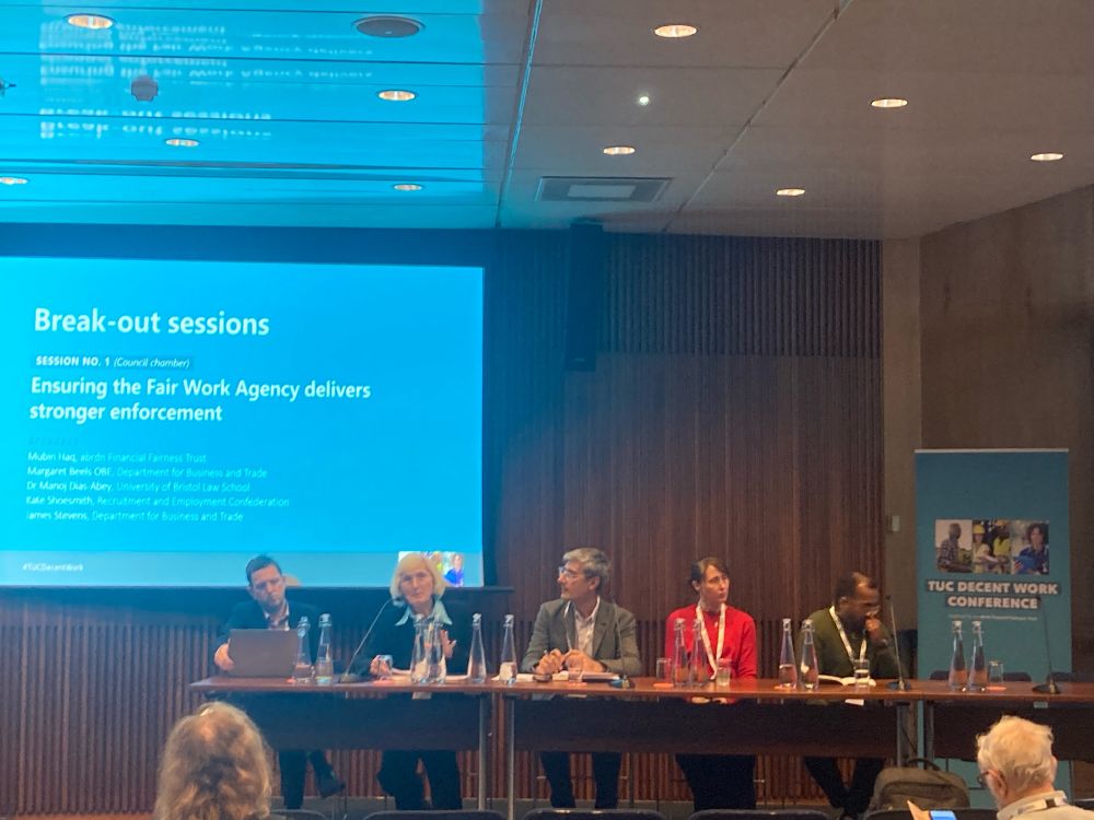 Panel of people talking in session ‘Ensuring the Fair Work Agency’ delivers stronger enforcement 