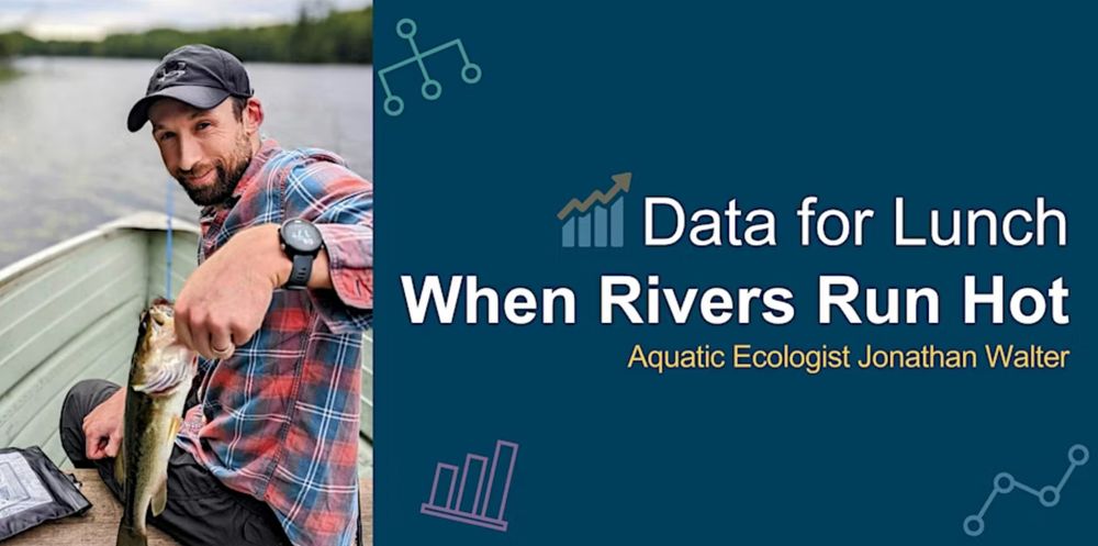 Poster for talk. Data for lunch "When Rivers Run Hot", by aquatic ecologist Jonathan Walter. Pictured is Jon on the water in a boat holding a fish. 