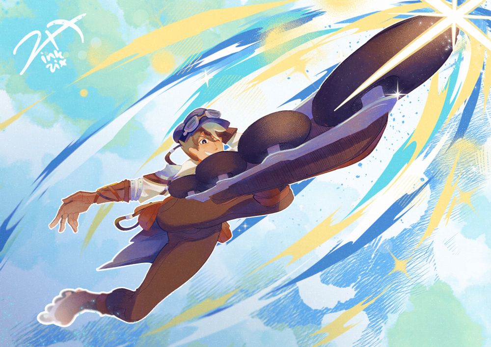 
A clive dove drawing of zix’s intrepetation of his timeskip version. clive seems to be in the air kicking with his rollerblades that it gets closer to he camera with a smug look on his face.