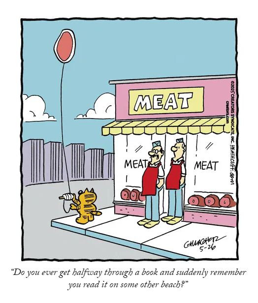 Heathcliff Panel:
Heathcliff is flying a slice of prosciutto like a kite outside of the butcher shop. Two workers stand outside of the store. One of them says "Do you ever get halfway through a book and suddenly remember you read it on some other beach?"
