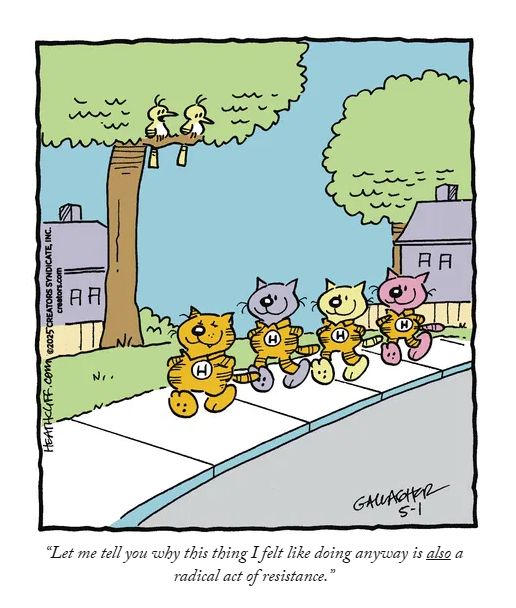 Heathcliff Panel:
Heathcliff walks down the sidewalk followed by several other cats. They are all wearing the orange Heathcliff uniforms. Two birds watch from a tree, one of them says "Let me tell you why this thing I felt like doing anyway is also a radical act of resistance."