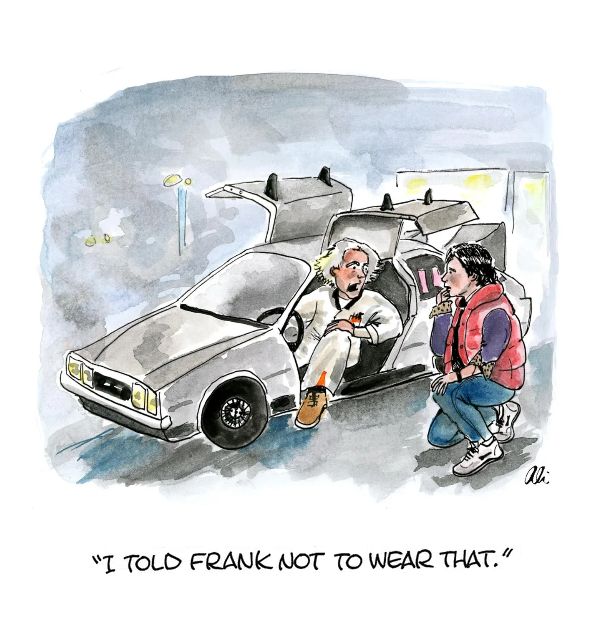 Doc Brown is in his DeLorean time machine. Marty is next to the car. Doc Brown says "I told Frank not to wear that."