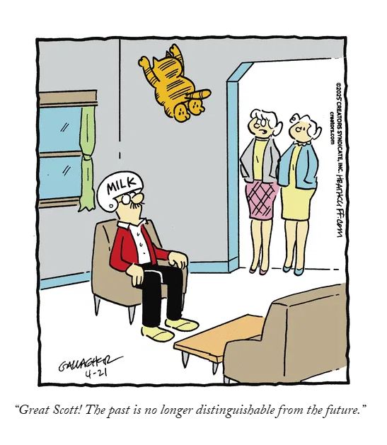 Heathcliff Panel:
A man is sitting in a chair wearing a helmet that says "Milk". Heathcliff is in mid-air pouncing on him. His wife and Grandma Nutmeg watch. The wife says "Great Scott! The past is no longer distinguishable from the future."