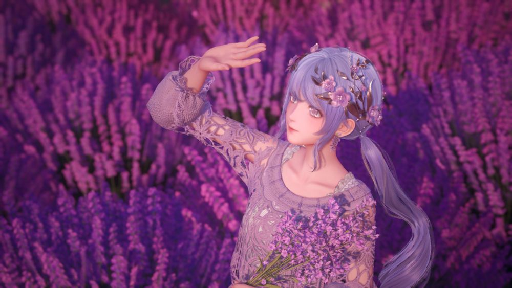 Screenshot from the game Infinity Nikki. Nikki is posing in a lavander field, wearing a lavander oufit and lilac hair in two ponytails, she also wears purple flowers in her hair and carry some on her hands (theme is... purple). It's a close portait and she is shielding her eyes from the sun.