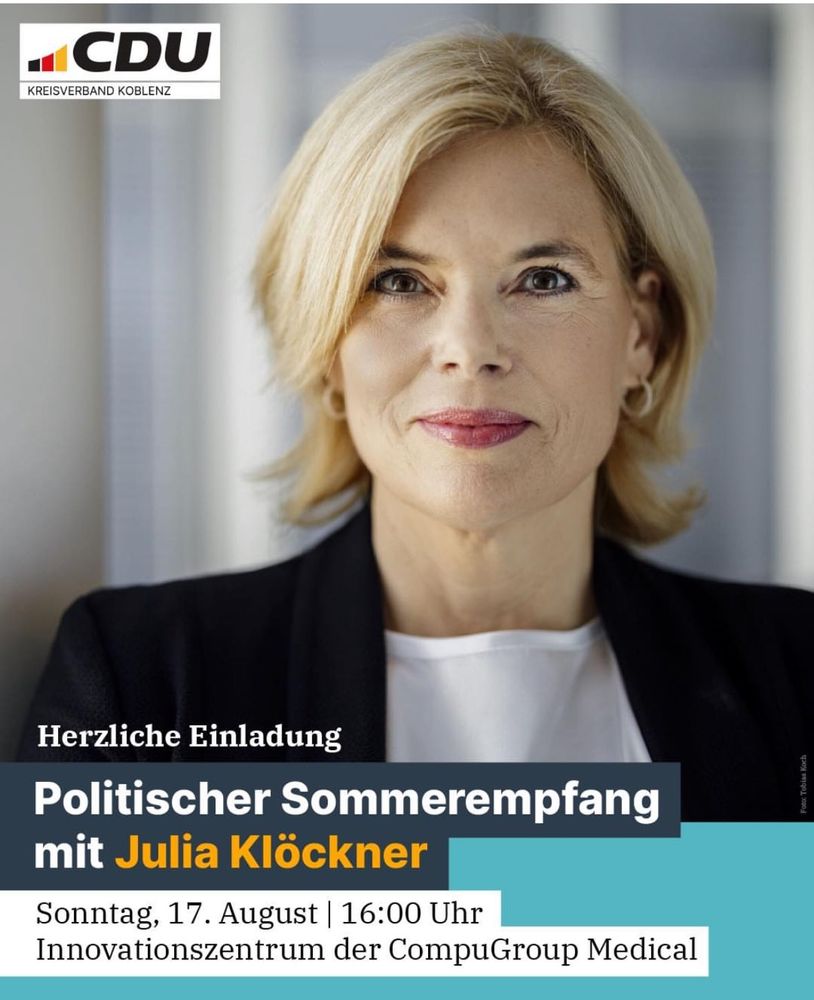 Einladung zum politischen Sommerempfang von Julia Klöckner. Als Veranstaltungsort wird das Innovationszentrum der CompuGroup Medical genannt.