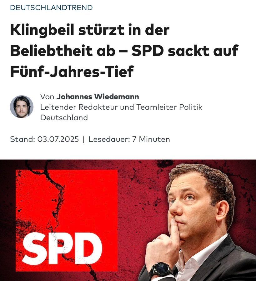 Schlagzeile WELT:
DEUTSCHLANDTREND

Klingbeil stürzt in der Beliebtheit ab – SPD sackt auf Fünf-Jahres-Tief