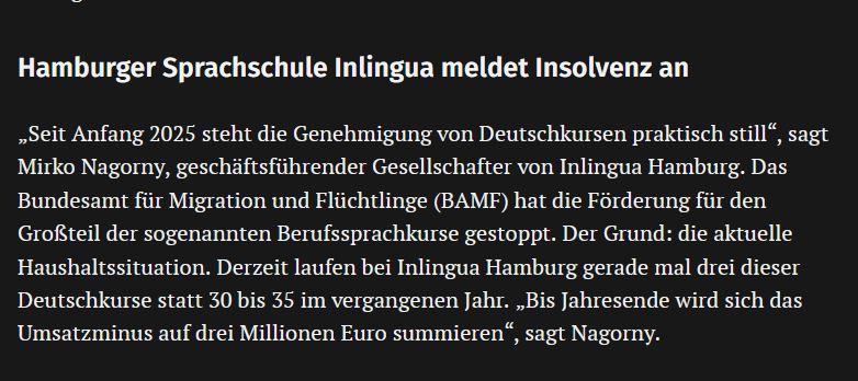 Hamburger Sprachschule Inlingua meldet Insolvenz an

„Seit Anfang 2025 steht die Genehmigung von Deutschkursen praktisch still“, sagt Mirko Nagorny, geschäftsführender Gesellschafter von Inlingua Hamburg. Das Bundesamt für Migration und Flüchtlinge (BAMF) hat die Förderung für den Großteil der sogenannten Berufssprachkurse gestoppt. Der Grund: die aktuelle Haushaltssituation. Derzeit laufen bei Inlingua Hamburg gerade mal drei dieser Deutschkurse statt 30 bis 35 im vergangenen Jahr. „Bis Jahresende wird sich das Umsatzminus auf drei Millionen Euro summieren“, sagt Nagorny.