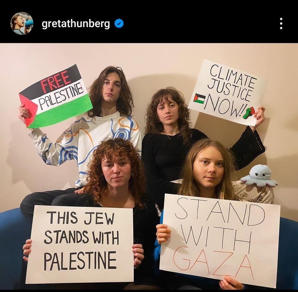 Foto von Greta Thunberg mit Mitstreiterinnen, die Plakate hochhalten:
Free Palestine
This Jew stands with Palestine
Stand with Gaza
Climate Justice now