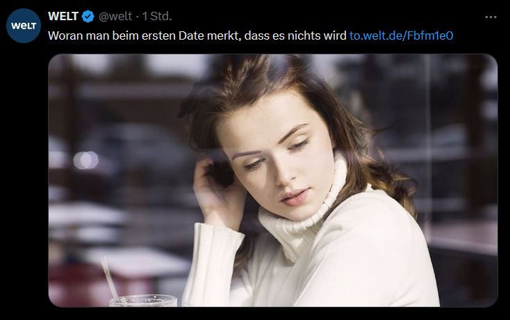 Post von WELT:
Woran man beim ersten Date merkt, dass es nichts wird http://to.welt.de/Fbfm1e0