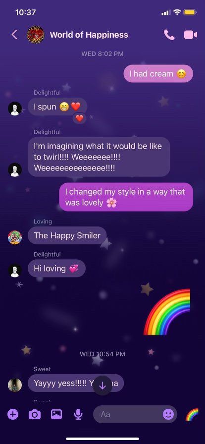 group chat of characters such as “loving” and “smile” spreading positivity between each other 