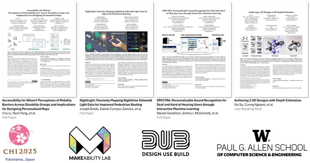 Thumbnails of our four papers at CHI with logos from CHI, the Makeability Lab, DUB, and the Allen School