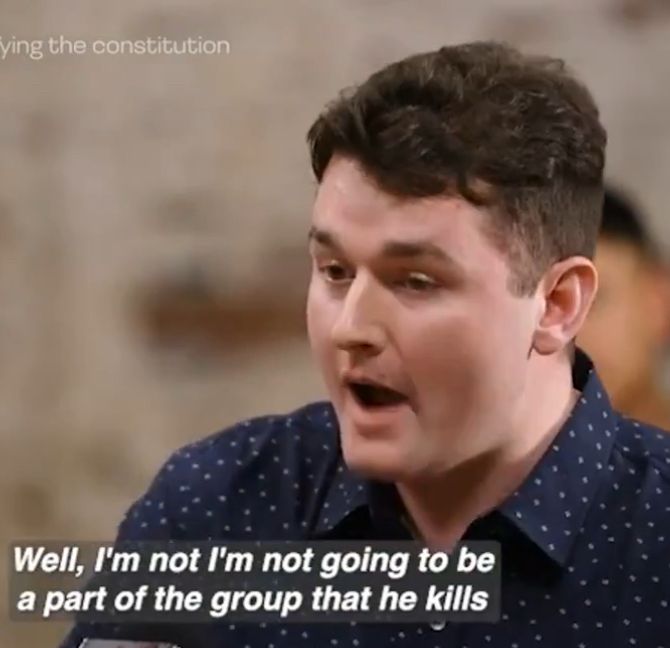 Screenshot of the clip with caption: Well, I'm not I'm not going to be a part of the group that he kills

(The original quote is: “Conservatism consists of exactly one proposition, to wit: There must be in-groups whom the law protects but does not bind, alongside out-groups whom the law binds but does not protect.”)