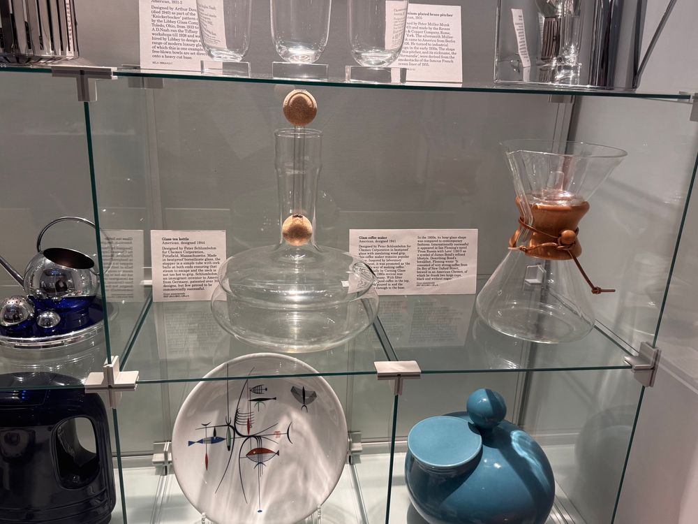 glass Chemex coffee brewer and tea kettle on display 