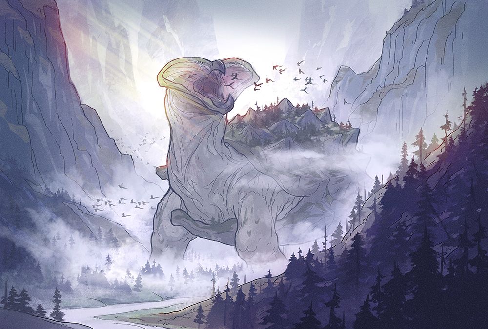 Digital painting of a giant turtle with a weird extendy fish mouth thing. It's chillin in a misty valley, minding its own turtle business.  