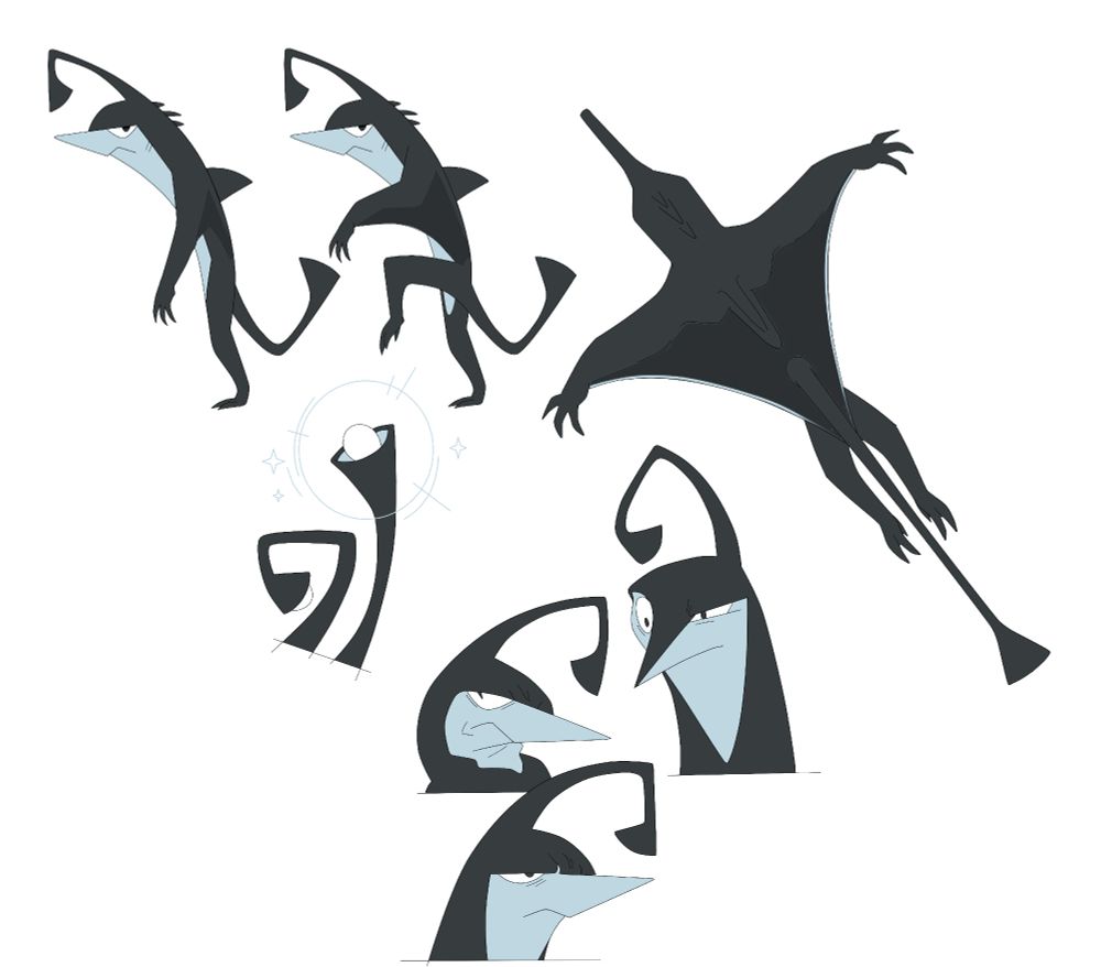 digital art of a cartoon character resembling a bipedal fish with characteristics of a goblin shark, angler fish, and a manta ray, with a stretchable 'wing' membrane running from its wrists to its pelvis.