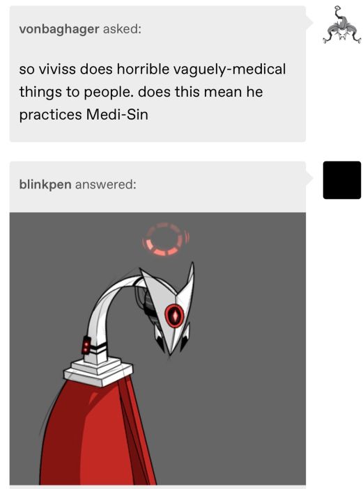 a website message asks a strange evil medical robot if he practices "medi-sin" when performing his horrible experiments on people. the robot has a buffering wheel above his head as he processes this.