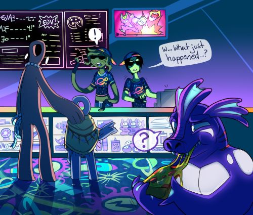 the inside of the restaurant has been altered to resemble a colorful black light arcade instead. the customers who were ordering food before are now exchanging tickets for prizes as the employees ask what just happened. the customer who was biting into his burger is confused to find his mouth full of pizza instead.