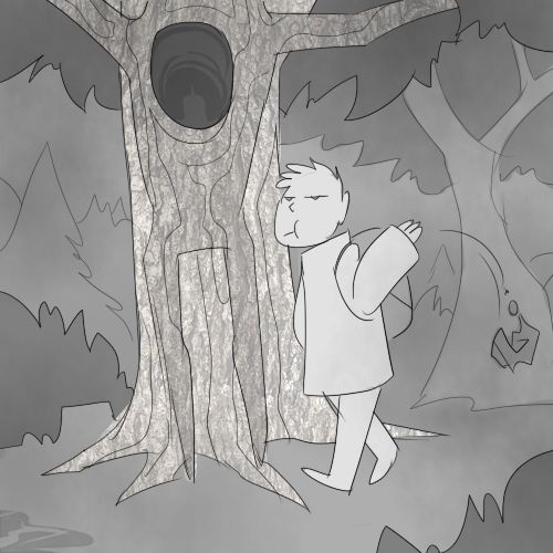 a human hiker going through a forest finishes a snack and throws the wrapper over his shoulder while close to a large tree with a hollow. keen eyes will see the hole exists on the torso of a humanoid figure with bark like skin disguising itself by standing perfectly still against the tree.