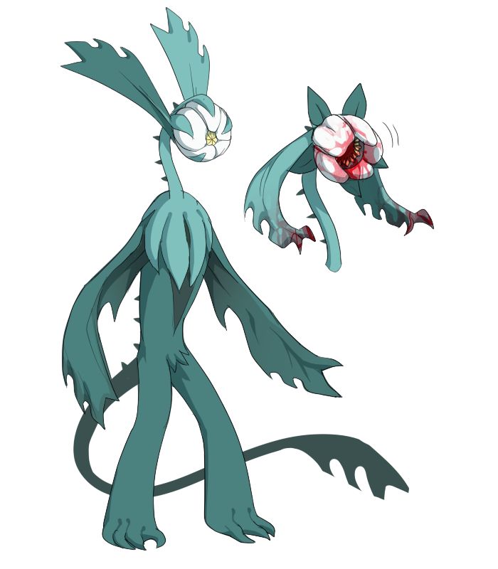 digital drawing of a bipedal plant monster with a vaguely humanoid build, but a long stem neck topped with a closed up white flower and two serrated bunny-ear like leaves. to the side is the flower head more open, revealing many sharp teeth, stained with blood. it also has a long thin tail with a leaf at the end.
