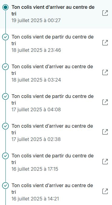 Capture d'écran d'un suivi de colis, avec x4 "Ton colis vient d'arriver au centre de tri" et x3 "Ton colis vient de partir du centre de tri