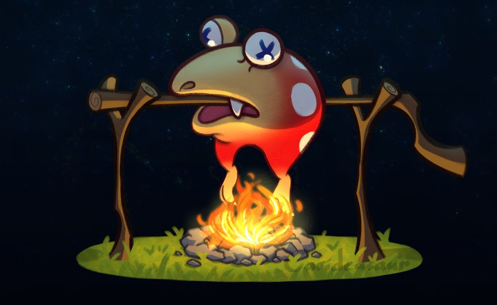 A drawing of a bulborb from Pikmin being roasted on a spit