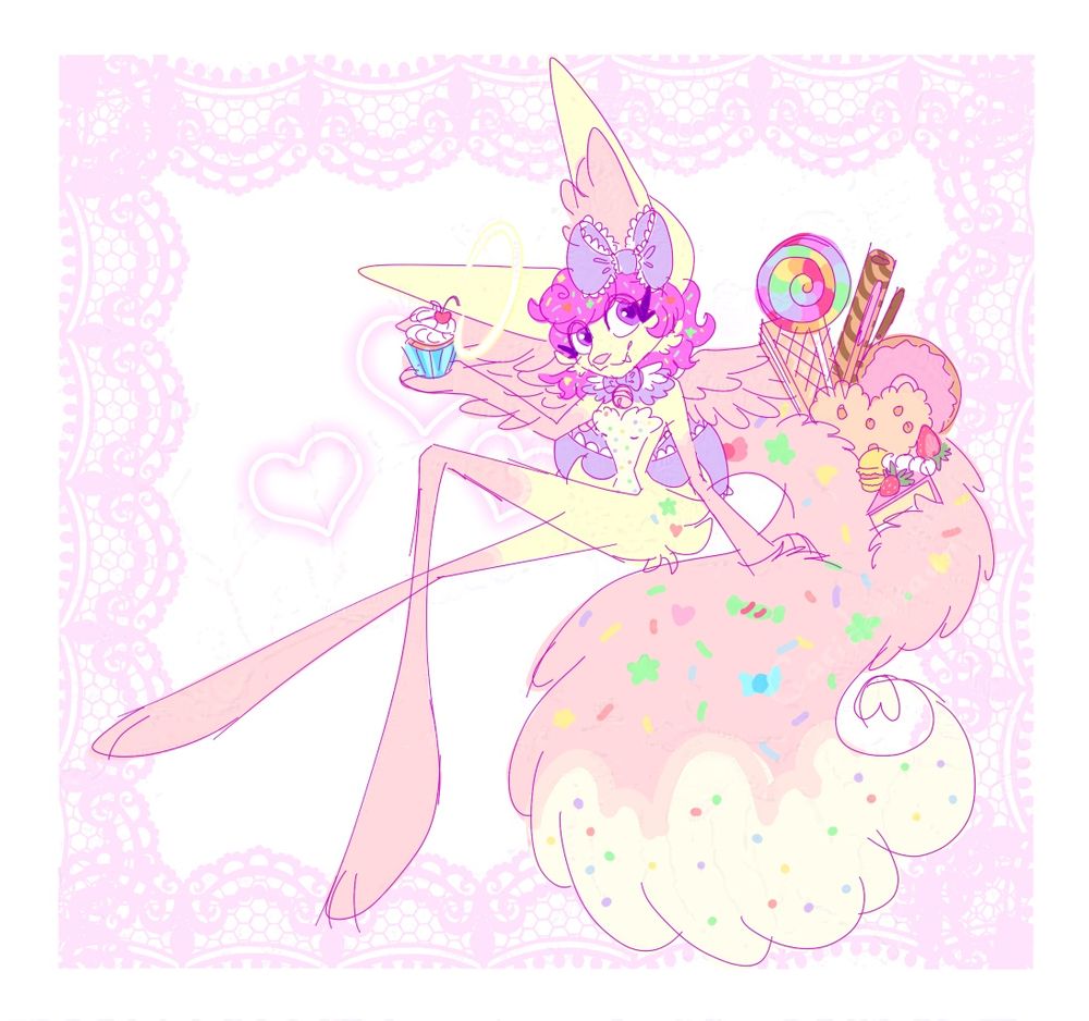 A drawing of an anthropomorphic sweets-themed fennec fox sitting casually and holding a cupcake in one paw