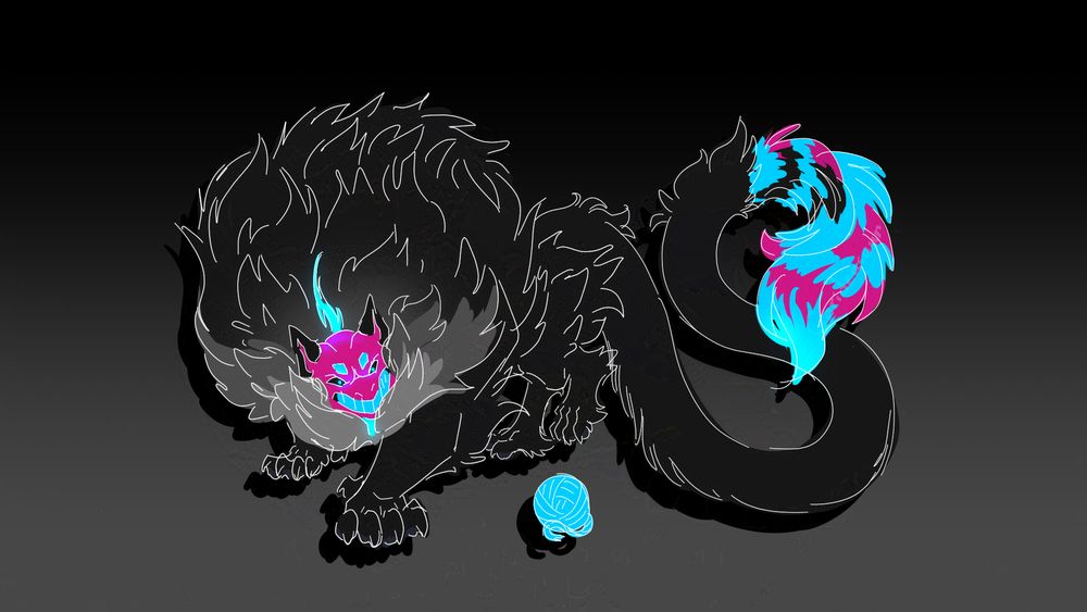A drawing of a large, intimidating, fluffy creature wearing a grinning cat mask stalking towards a giant ball of yarn