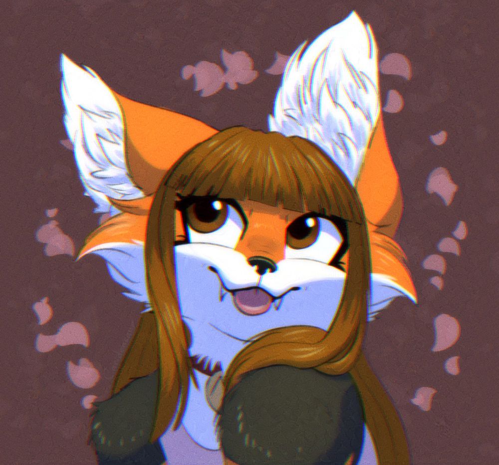 A digital drawing of an anthropomorphic fox with long brown hair