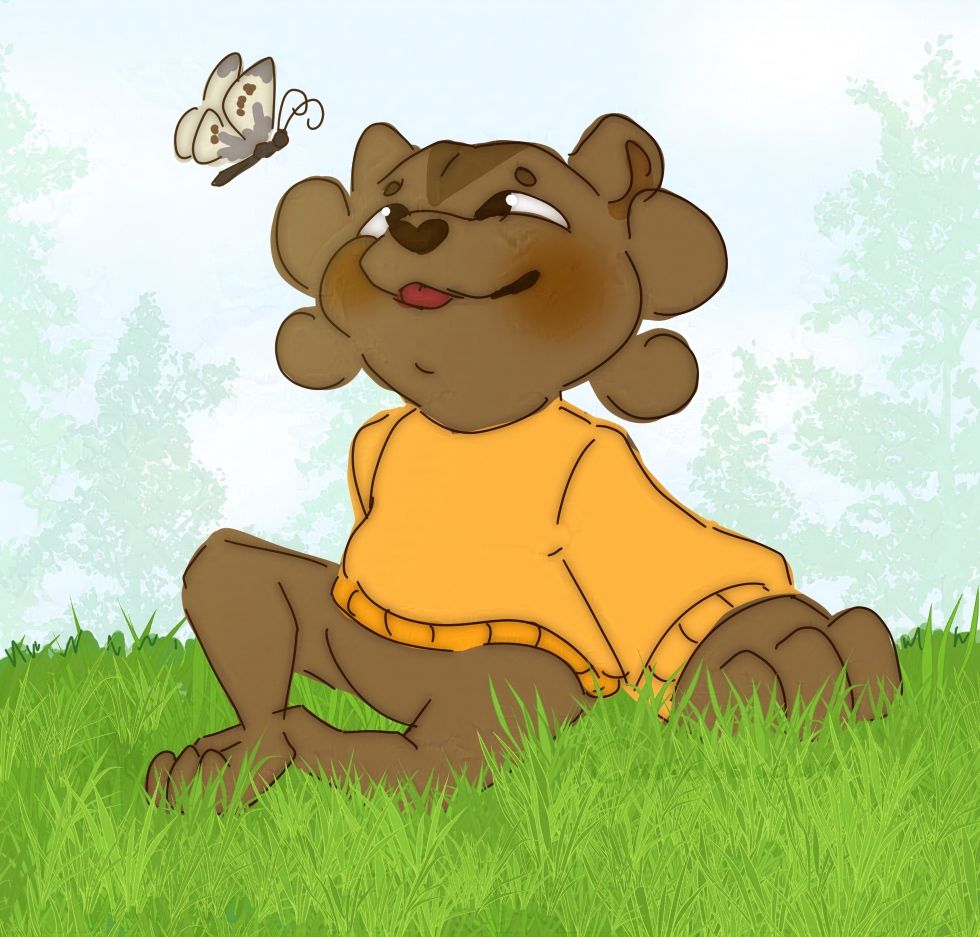 A drawing of an anthropomorphic grizzly bear wearing a yellow sweater, sitting in a patch of grass and looking up towards a cabbage butterfly.