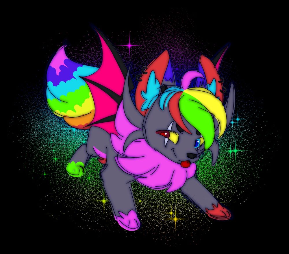 A drawing of a rainbow coloured sparkle Zorua with bat wings in a battle-ready stance