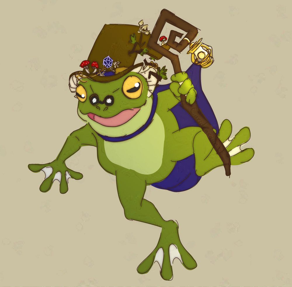 A drawing of a frog wizard jumping joyfully with staff in hand