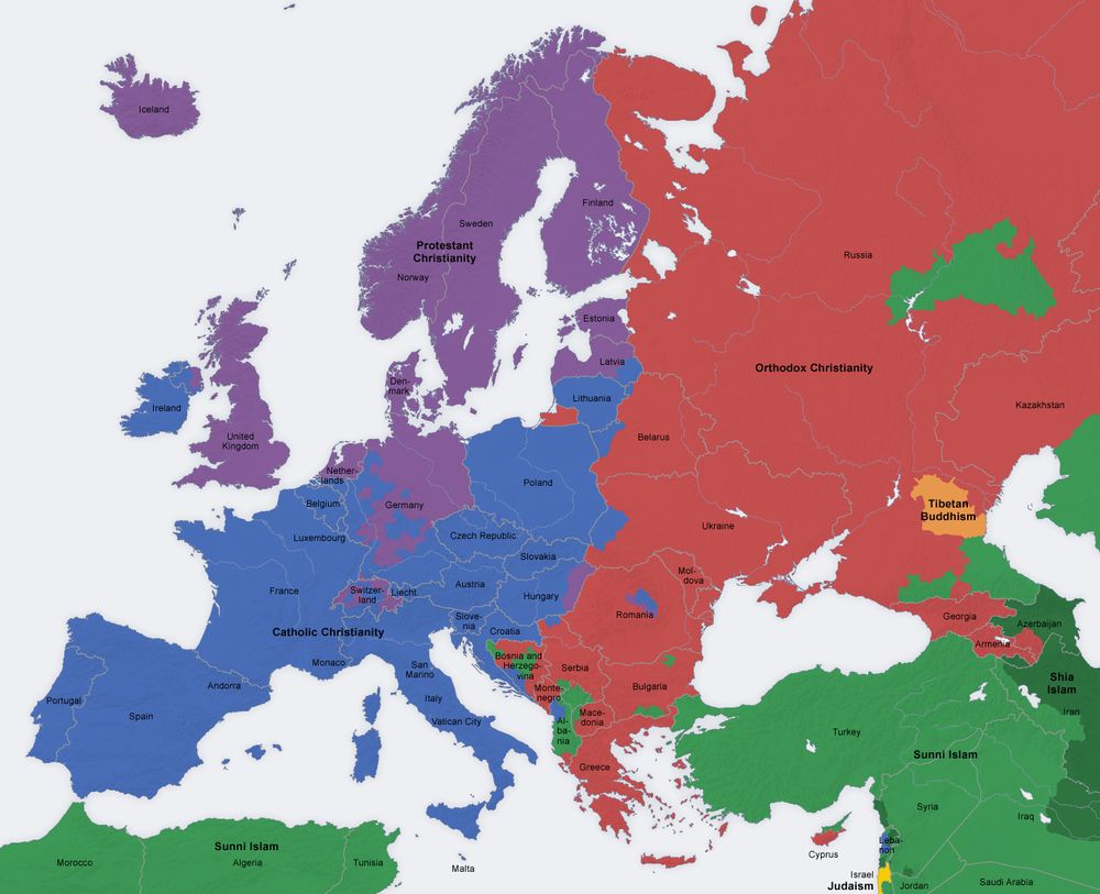 Mapa de Europa con la religión dominante por regiones