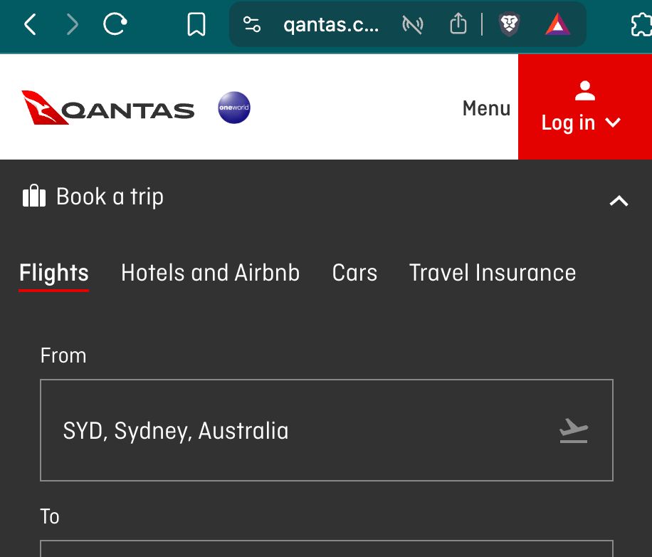 Screenshot of the Qantas website working