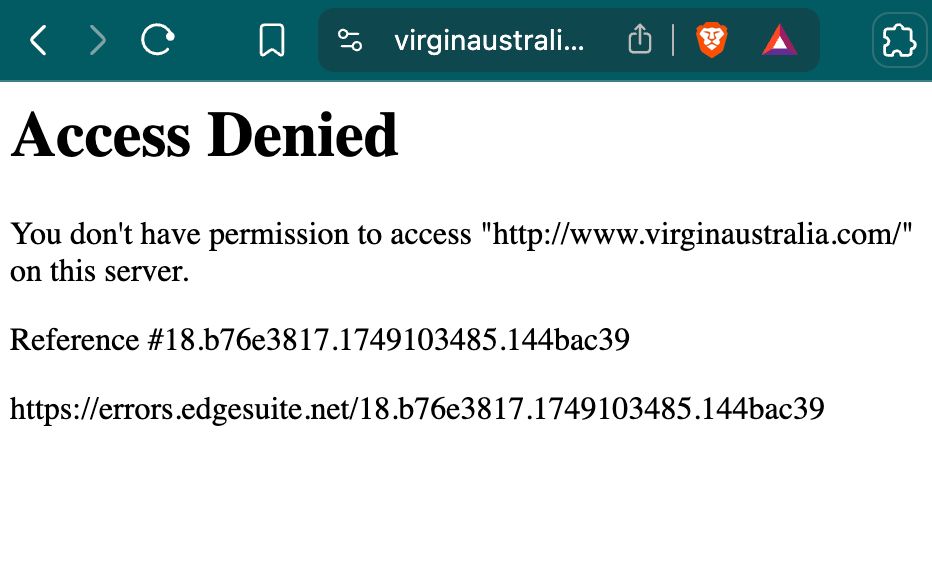 Screenshot of the Virgin Australia website being blocked