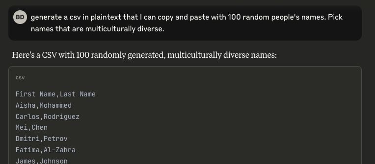 Screenshot of a human asking Claude for 100 random people's names